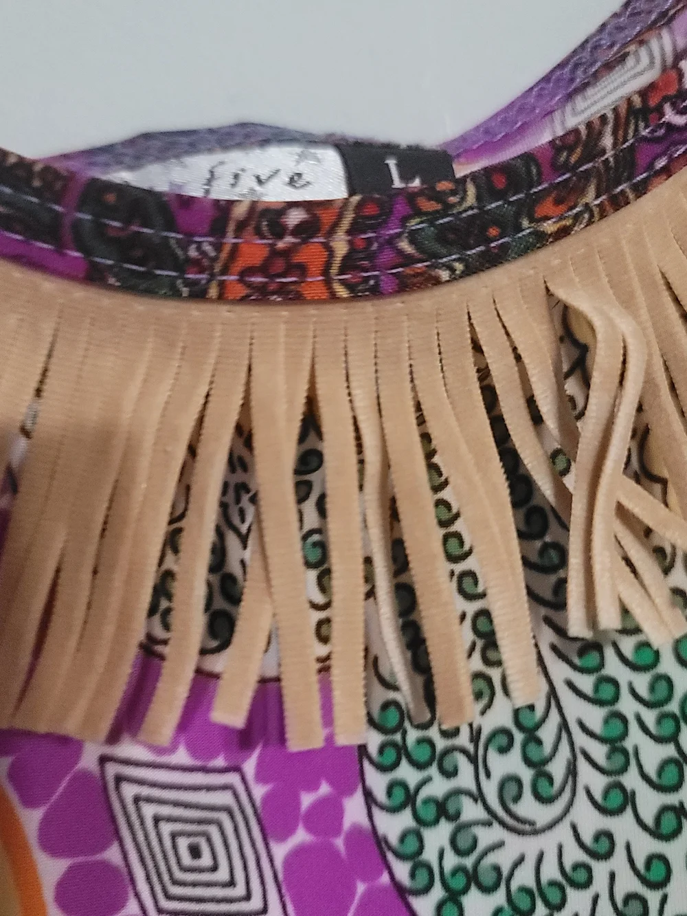 Boho Fringe Detail Printed Cami Tank - Purple & Mustard Sz L